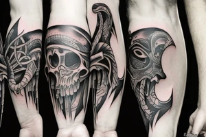 A tattoo  with one side representing evolution and oother side representing extinction tattoo idea