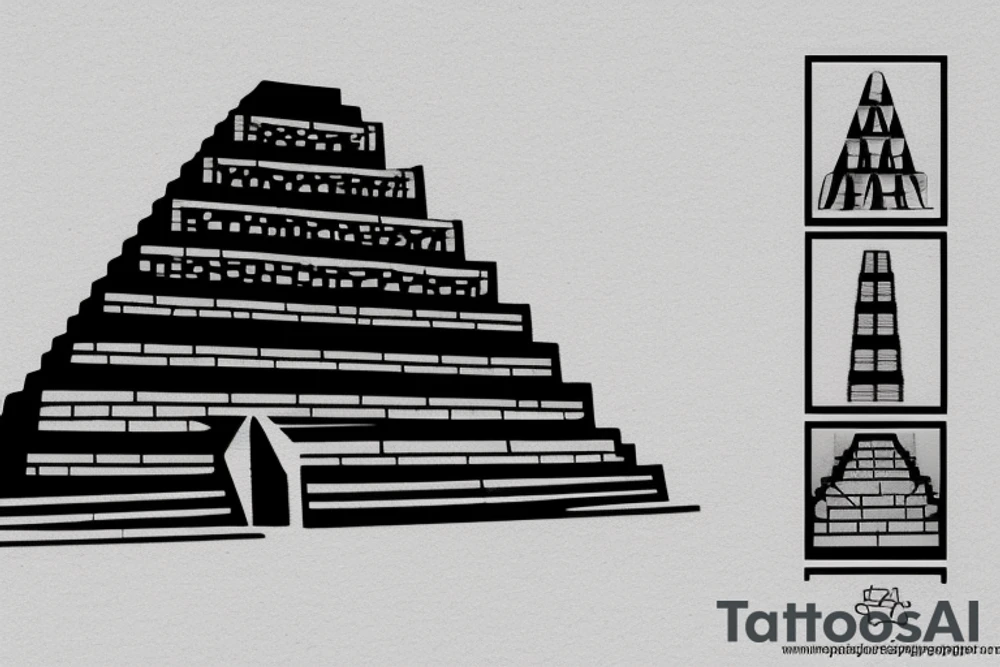 Ziggurat Silhouette: A simple and minimalist approach could involve a black outline or silhouette of a ziggurat. The stepped structure can be depicted with clean lines, capturing its distinct shape and architectural features. tattoo idea