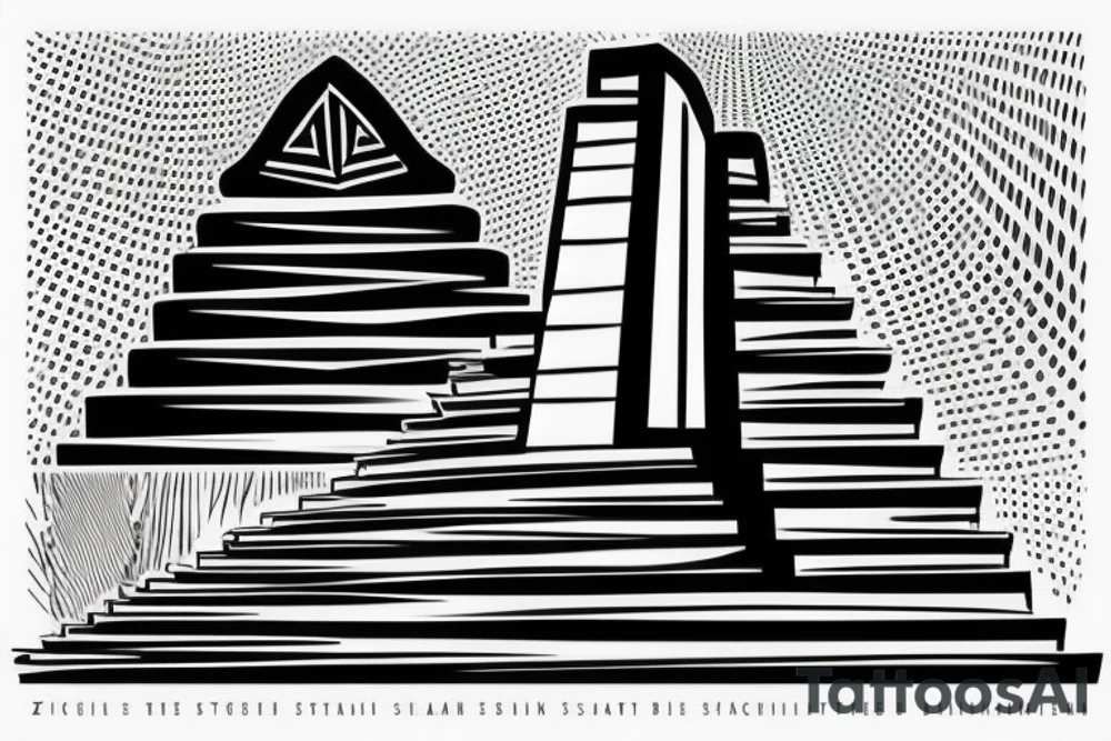 Ziggurat Silhouette: A simple and minimalist approach could involve a black outline or silhouette of a ziggurat. The stepped structure can be depicted with clean lines, capturing its distinct shape and architectural features. tattoo idea