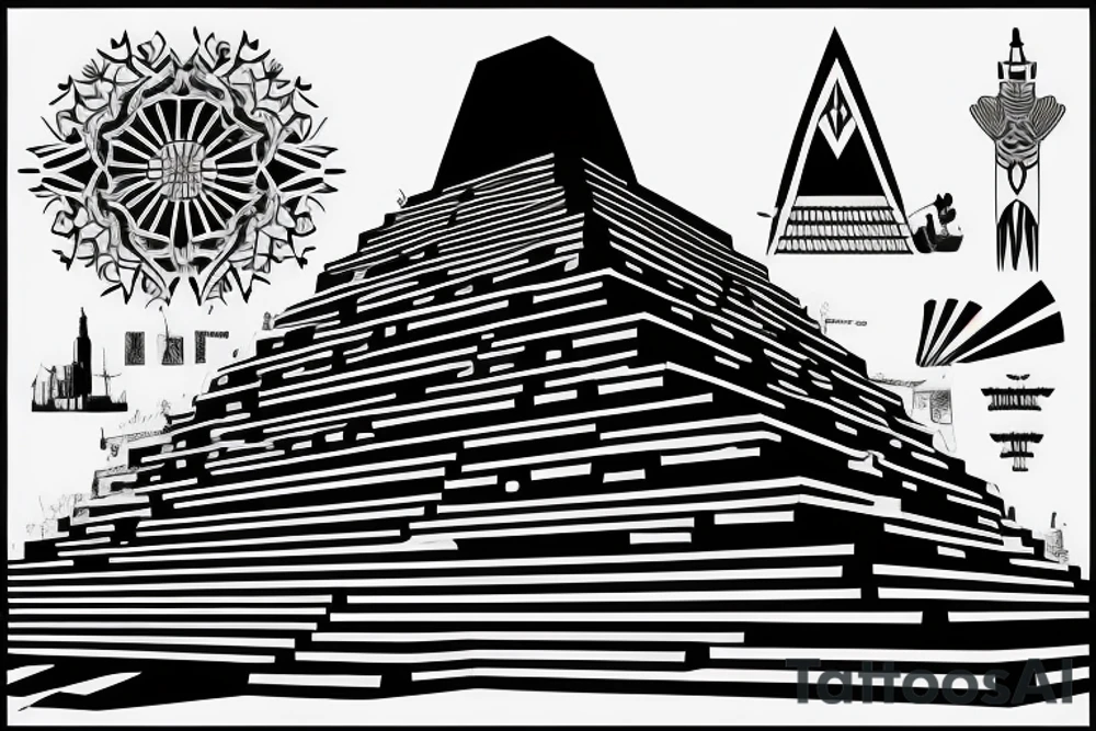 Ziggurat Silhouette: A simple and minimalist approach could involve a black outline or silhouette of a ziggurat. The stepped structure can be depicted with clean lines, capturing its distinct shape and architectural features. tattoo idea