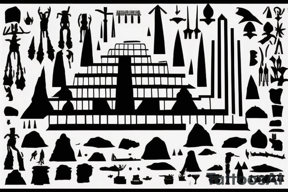 Ziggurat Silhouette: A simple and minimalist approach could involve a black outline or silhouette of a ziggurat. The stepped structure can be depicted with clean lines, capturing its distinct shape and architectural features. tattoo idea