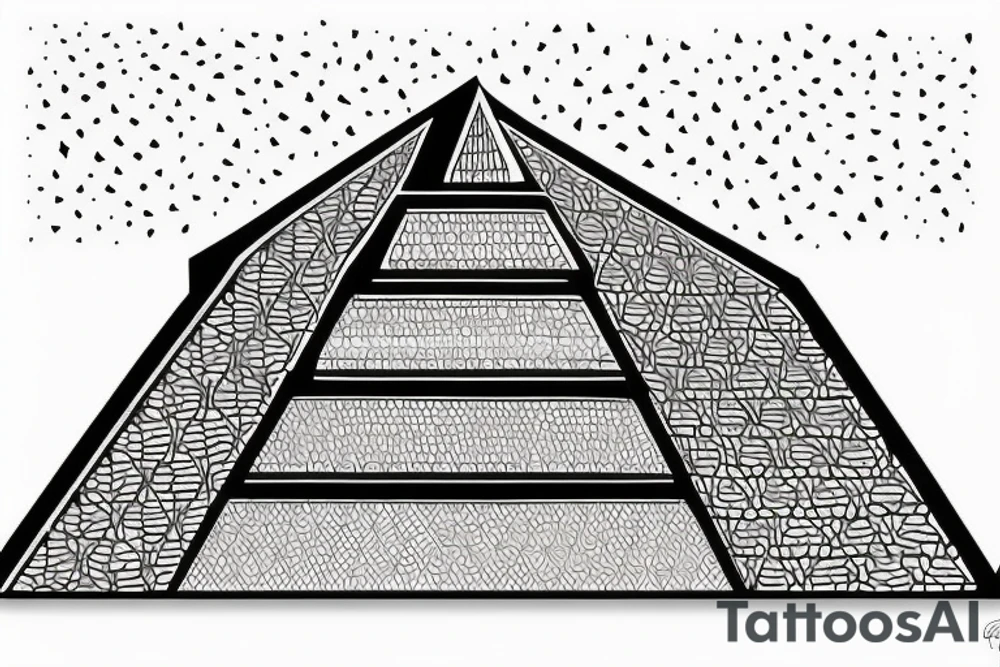 Ziggurat Silhouette: A simple and minimalist approach could involve a black outline or silhouette of a ziggurat. The stepped structure can be depicted with clean lines, capturing its distinct shape and architectural features. tattoo idea