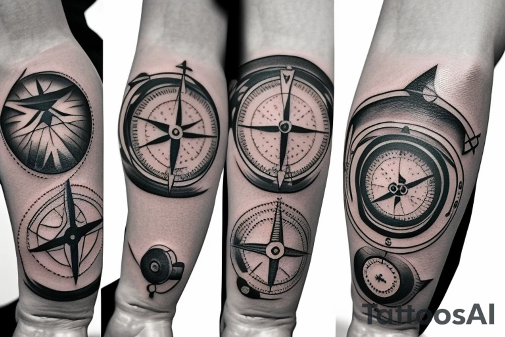 travel tattoo with a compass an airplane and two little girls tattoo idea