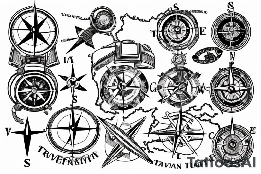 travel tattoo with a compass a map and two little girls on the back tattoo idea