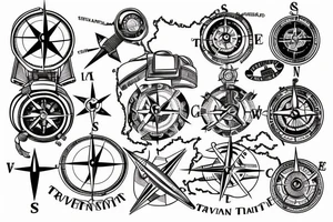 travel tattoo with a compass a map and two little girls on the back tattoo idea