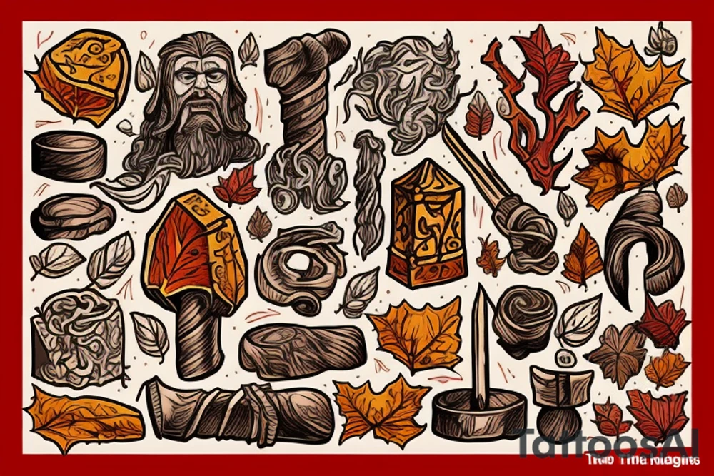 Thors hammer, deity, tree and falling leaves, autumn, atilla the hun, apple tattoo idea