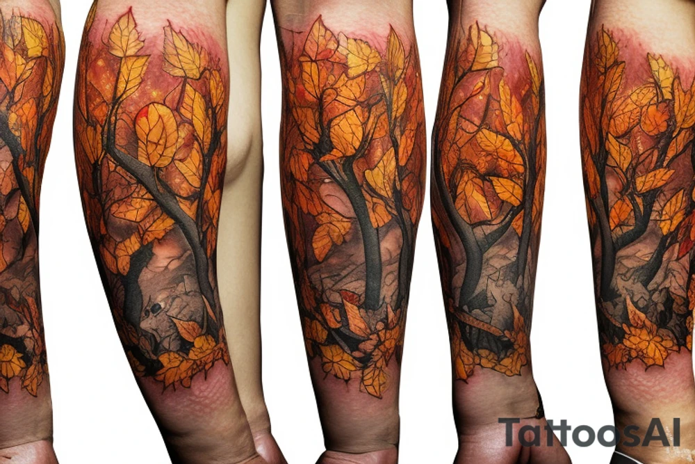 Thorshammer, deity, tree and falling leaves, autumn, crown, apple tattoo idea