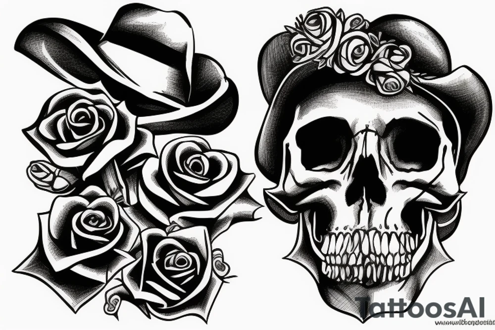 a skull with a rose in its mouth and a hat on its head tattoo idea