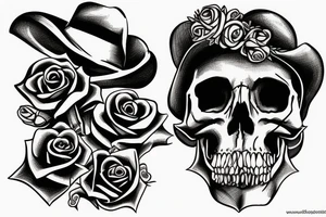 a skull with a rose in its mouth and a hat on its head tattoo idea