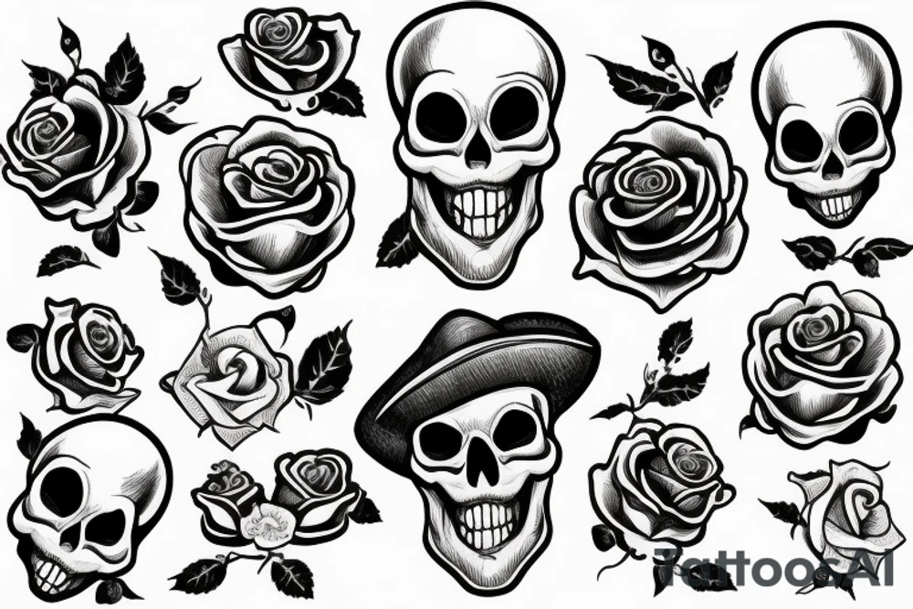 a skull with a rose in its mouth and a hat on its head with white background tattoo idea