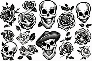a skull with a rose in its mouth and a hat on its head with white background tattoo idea