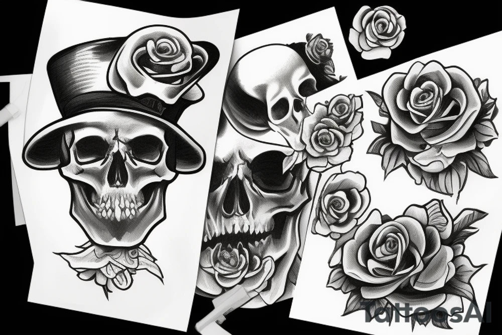 a skull with a rose in its mouth and a hat on its head with white background tattoo idea