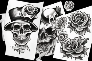 a skull with a rose in its mouth and a hat on its head with white background tattoo idea