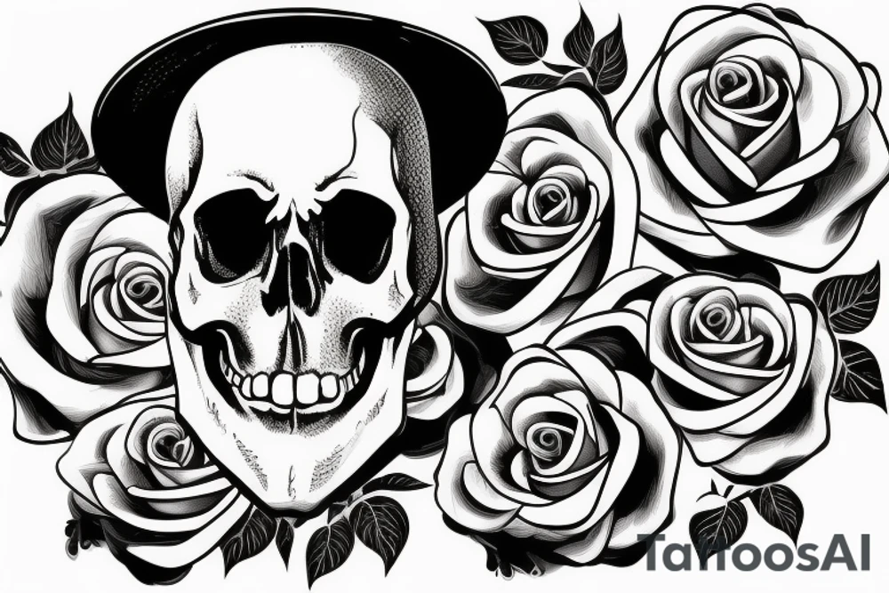 a skull with a rose in its mouth and a hat on its head with white background tattoo idea