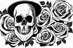 a skull with a rose in its mouth and a hat on its head with white background tattoo idea