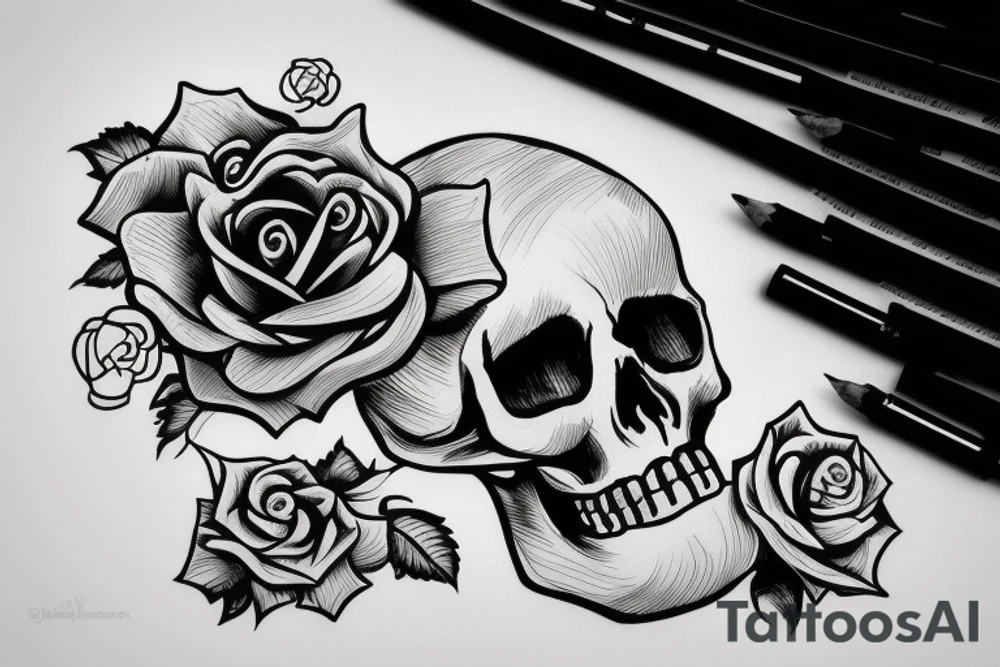 a skull with a rose in its mouth and a hat on its head with white background tattoo idea