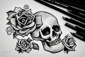 a skull with a rose in its mouth and a hat on its head with white background tattoo idea