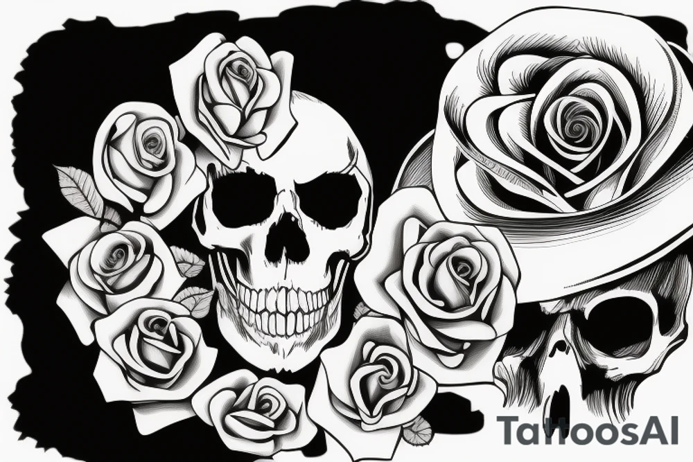 a skull with a rose in its mouth and a hat on its head with clear background tattoo idea