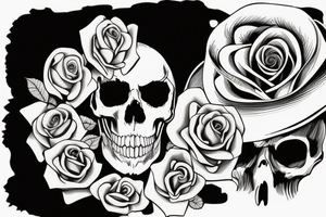 a skull with a rose in its mouth and a hat on its head with clear background tattoo idea