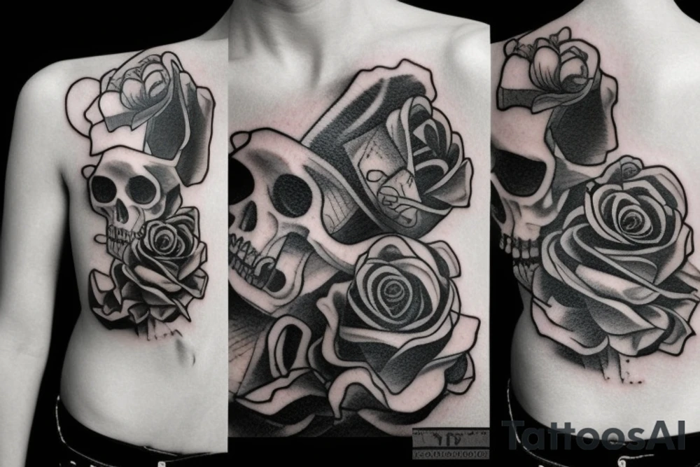 a skull with a rose in its mouth and a hat on its head , clear background , best quality tattoo idea