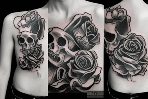 a skull with a rose in its mouth and a hat on its head , clear background , best quality tattoo idea