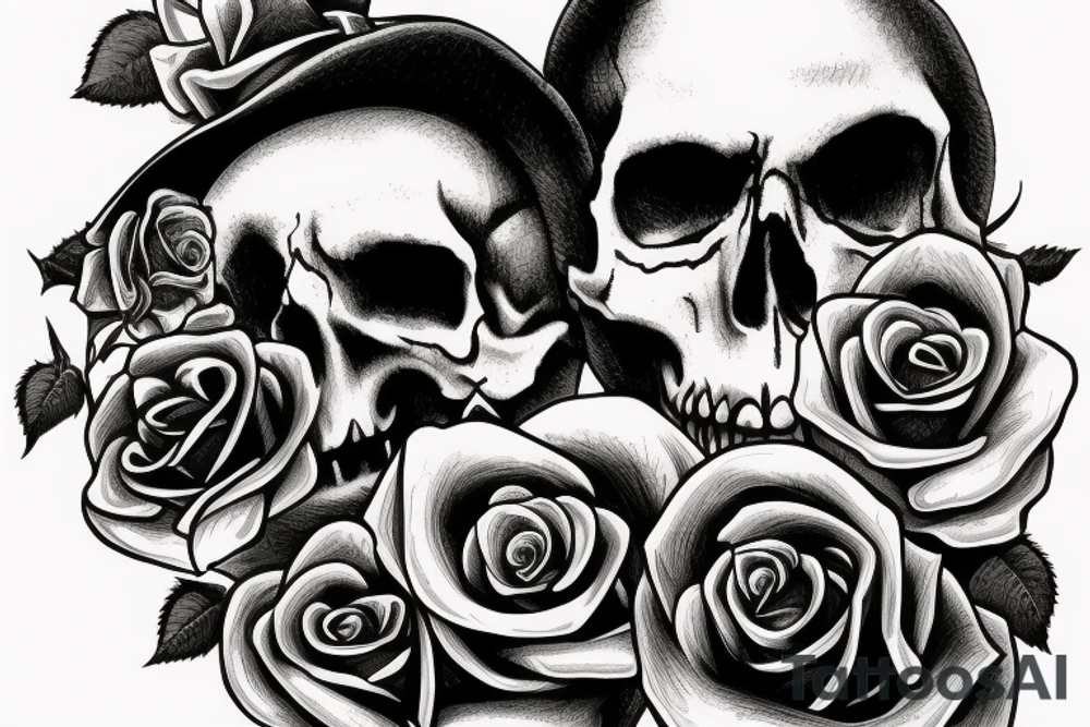 a skull with a rose in its mouth and a hat on its head , clear background , best quality tattoo idea