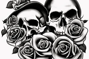 a skull with a rose in its mouth and a hat on its head , clear background , best quality tattoo idea