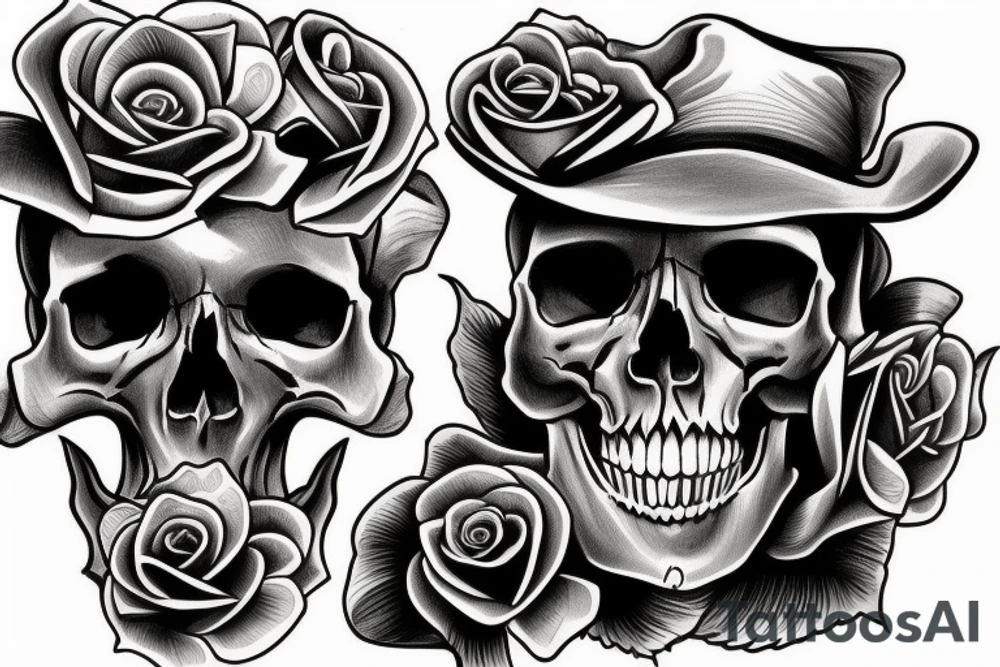 a skull with a rose in its mouth and a hat on its head , clear background , best quality tattoo idea
