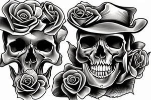 a skull with a rose in its mouth and a hat on its head , clear background , best quality tattoo idea
