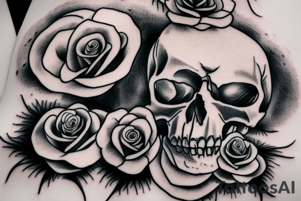 a skull with a rose in its mouth and a hat on its head , clear background , best quality tattoo idea
