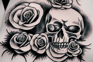 a skull with a rose in its mouth and a hat on its head , clear background , best quality tattoo idea