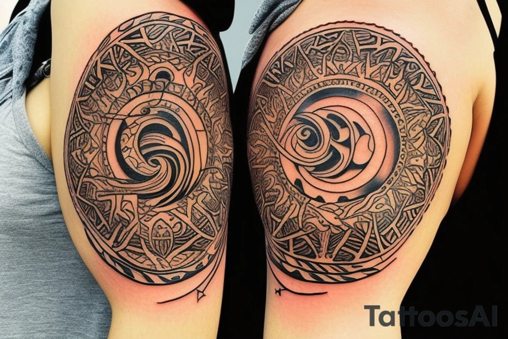 tribal style tattoo design that depicts a radiant sun with tribal patterns, the tattoo symbolizes vitality, energy, and life with a sun that features geometric swirls --v 5 tattoo idea