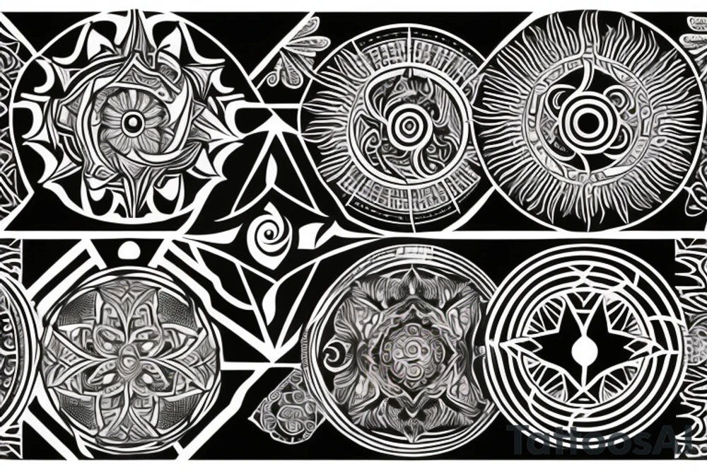 tribal style tattoo design that depicts a radiant sun with tribal patterns, the tattoo symbolizes vitality, energy, and life with a sun that features geometric swirls --v 5 tattoo idea