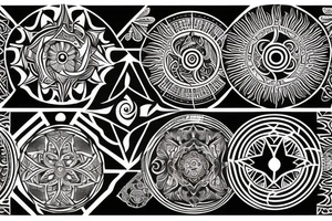 tribal style tattoo design that depicts a radiant sun with tribal patterns, the tattoo symbolizes vitality, energy, and life with a sun that features geometric swirls --v 5 tattoo idea