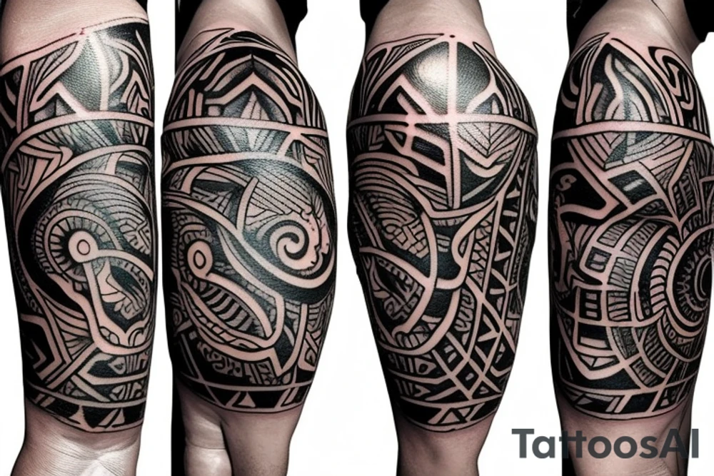 tribal style tattoo design that depicts a radiant sun with tribal patterns, the tattoo symbolizes vitality, energy, and life with a sun that features geometric swirls --v 5 tattoo idea