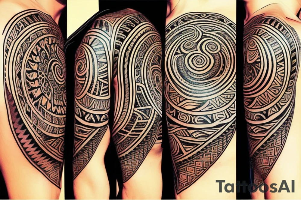 tribal style tattoo design that depicts a radiant sun with tribal patterns, the tattoo symbolizes vitality, energy, and life with a sun that features geometric swirls --v 5 tattoo idea