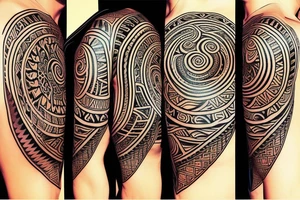 tribal style tattoo design that depicts a radiant sun with tribal patterns, the tattoo symbolizes vitality, energy, and life with a sun that features geometric swirls --v 5 tattoo idea