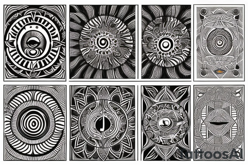 tribal style tattoo design that depicts a radiant sun with tribal patterns, the tattoo symbolizes vitality, energy, and life with a sun that features geometric swirls --v 5, white background tattoo idea