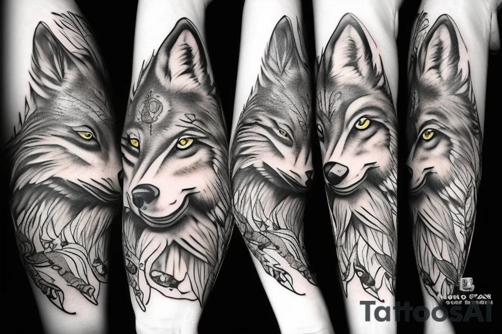 illustrative style tattoo design of a lone wolf filled with confidence and courage, the wolf should symbolize the independence of a person and inspire people to find joy and happiness without relying on others --v 5 tattoo idea
