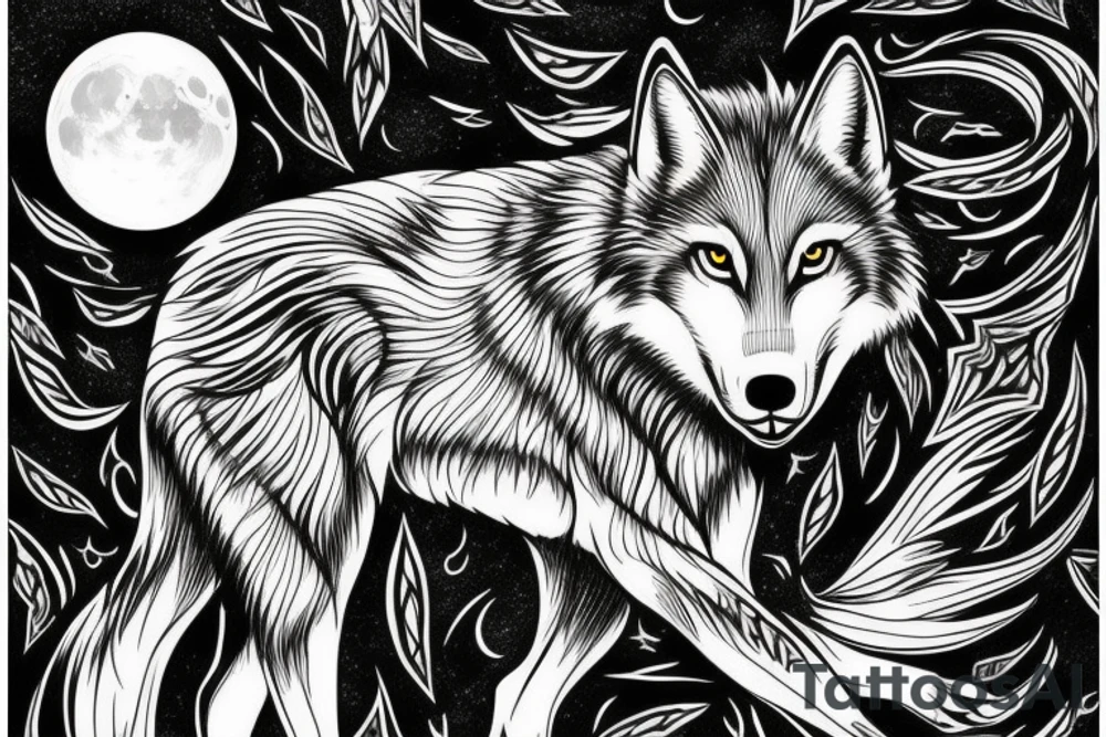 sophisticated wolf combined with nature , shining moon in the background --v 5 tattoo idea