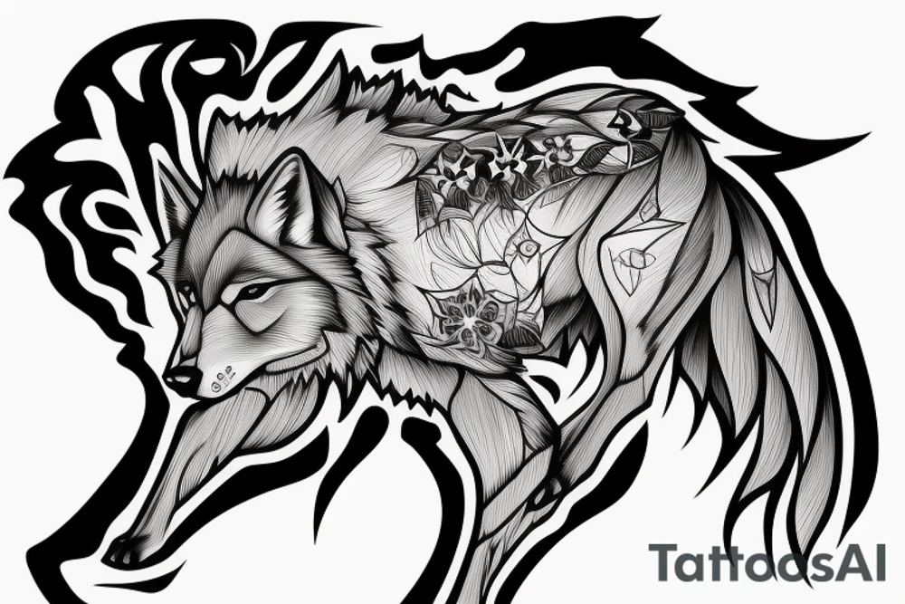 sophisticated wolf combined with nature , shining moon in the background  --v 5 one object in result tattoo idea