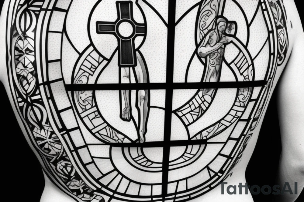 Stained Glass Window Back Tattoo with a Christian Cross full circle tattoo idea Stained Glass Window Back Tattoo with a Christian Cross full circle tattoo idea