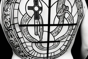 Stained Glass Window Back Tattoo with a Christian Cross full circle tattoo idea