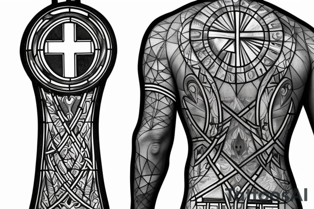 Stained Glass Window Back Tattoo with a Christian Cross full circle tattoo idea