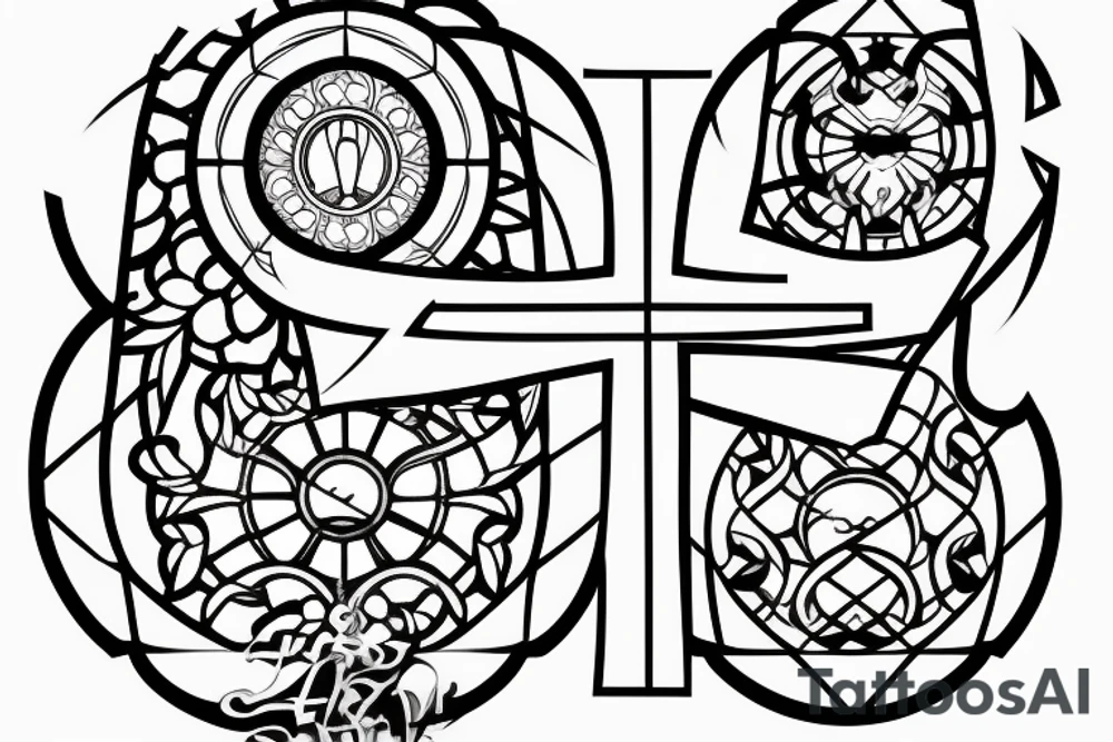 Stained Glass Window Back Tattoo with Three Christian Cross full circle tattoo idea Stained Glass Window Back Tattoo with Three Christian Cross full circle tattoo idea