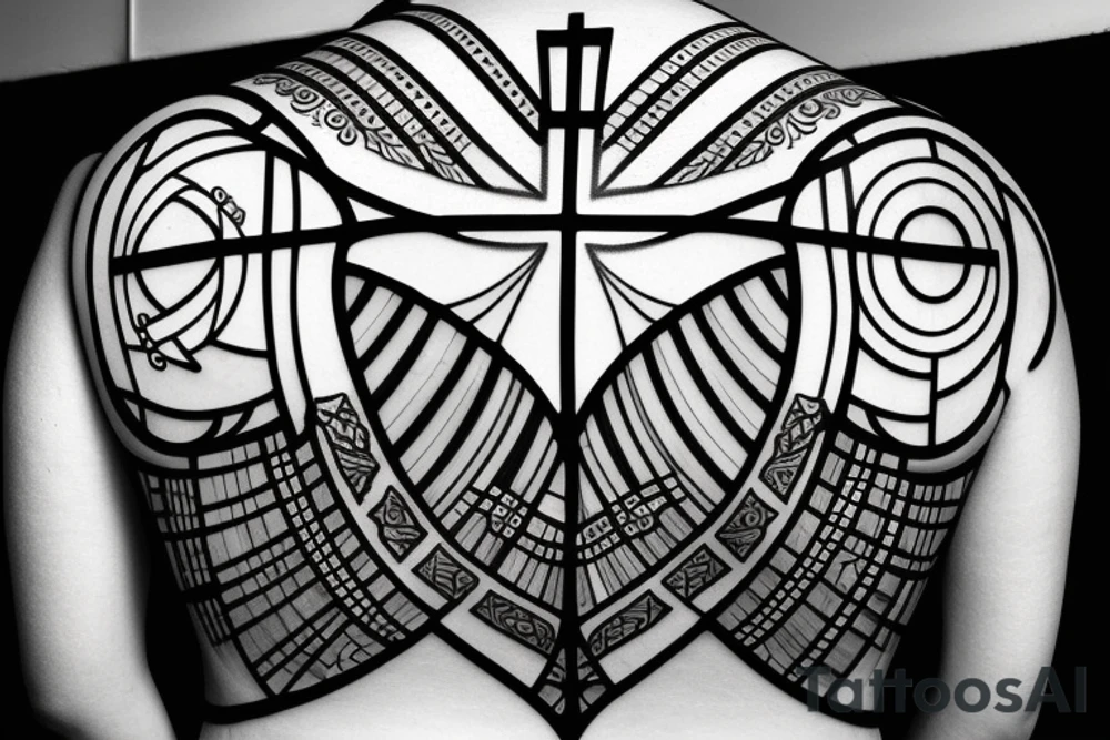 Stained Glass Window Back Tattoo with Three Christian Cross full circle tattoo idea Stained Glass Window Back Tattoo with Three Christian Cross full circle tattoo idea