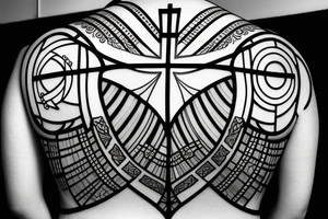 Stained Glass Window Back Tattoo with Three Christian Cross full circle tattoo idea