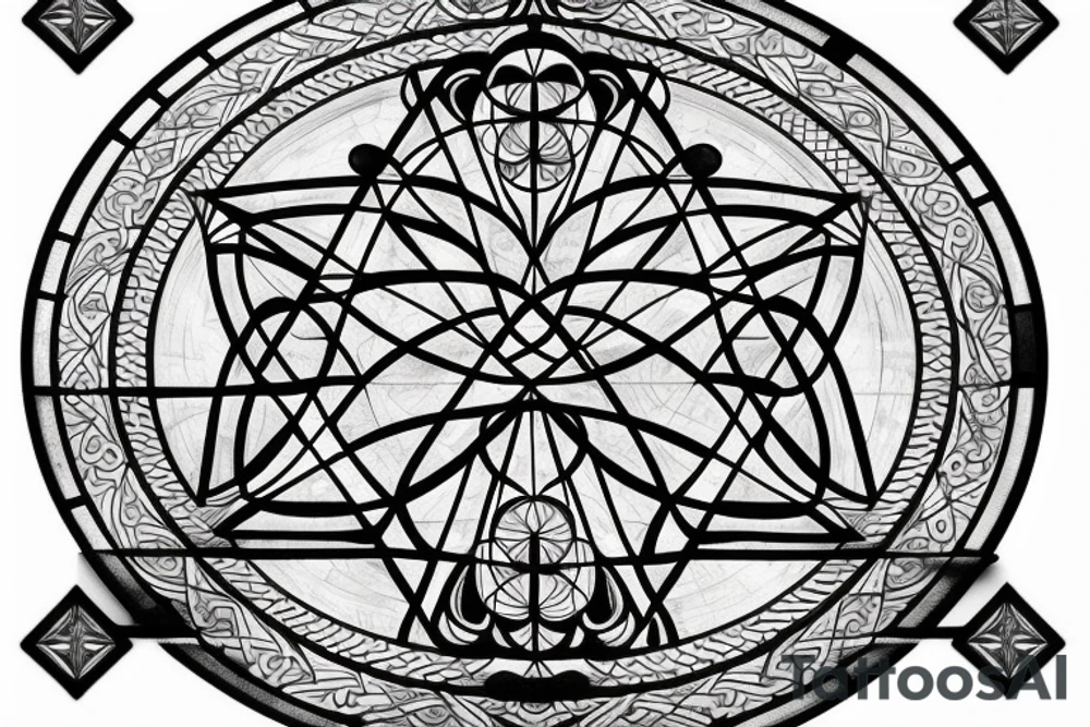 Stained Glass Window Back Tattoo with Three Christian Cross full circle With Sacred Geometry in Background tattoo idea