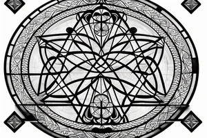 Stained Glass Window Back Tattoo with Three Christian Cross full circle With Sacred Geometry in Background tattoo idea