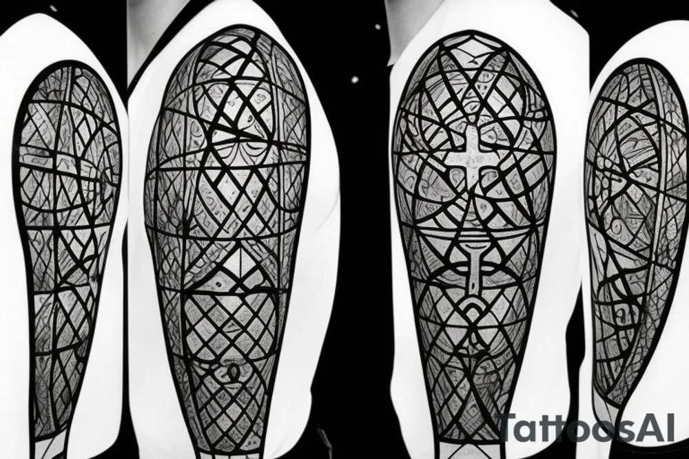 Stained Glass Window Back Tattoo with Three Christian Cross full circle With Sacred Geometry in Background tattoo idea